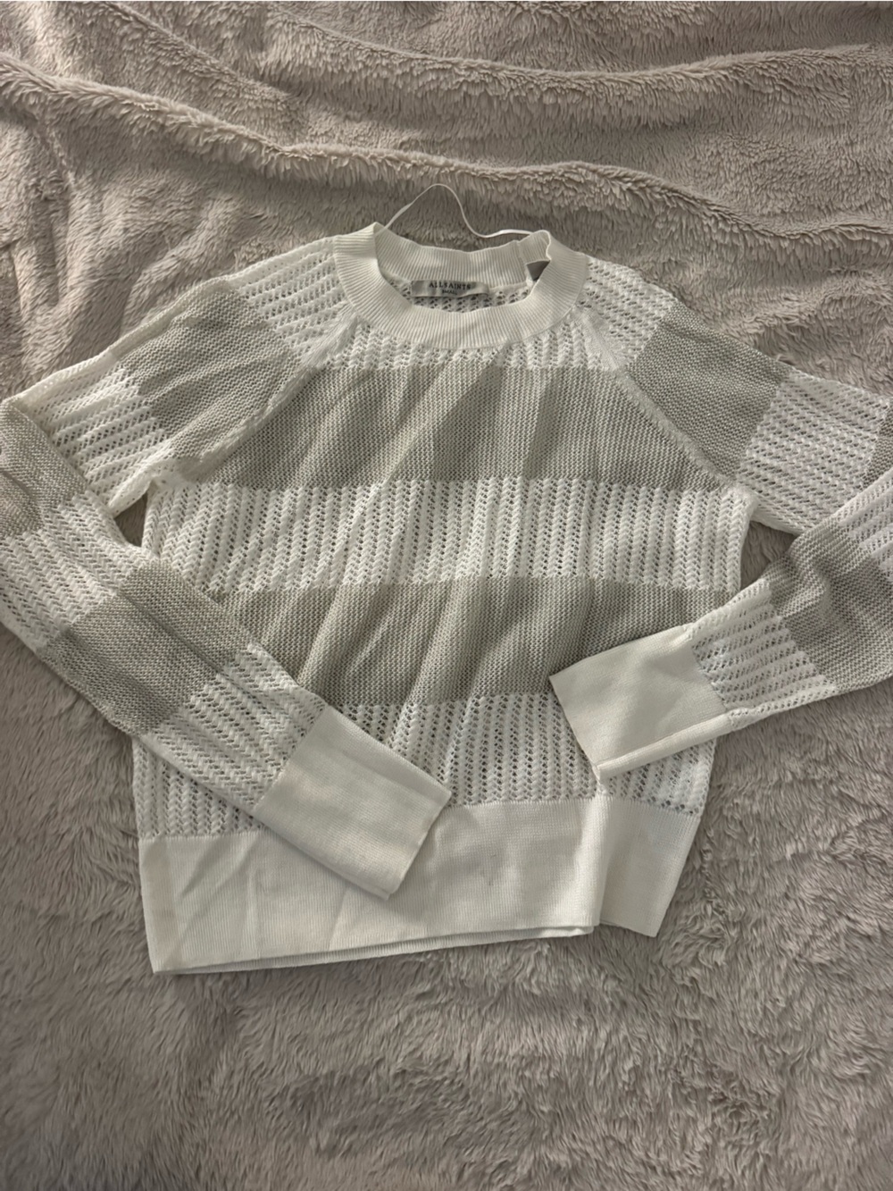 AllSaints White Open-Knit Striped Pullover Sweater